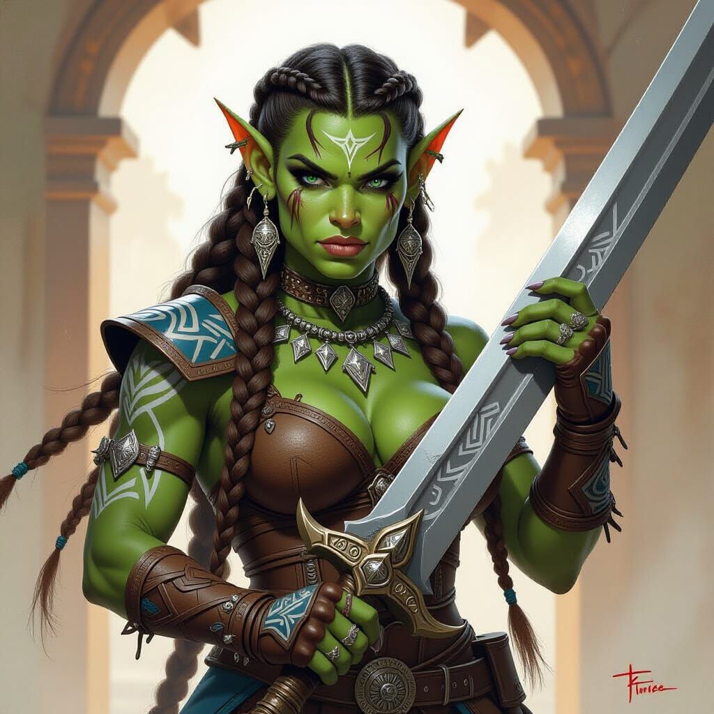 Female Orc Warrior with Great Sword in Tribal Attire