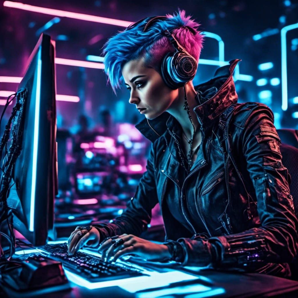 Hackerpunk: Young Man with Blue Hair at Computer
