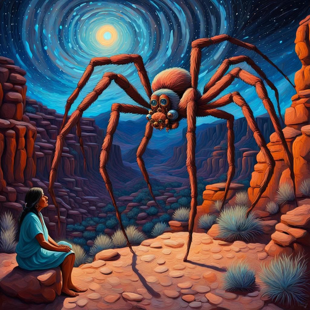 Native American Woman and Spider, Impasto Oil Painting