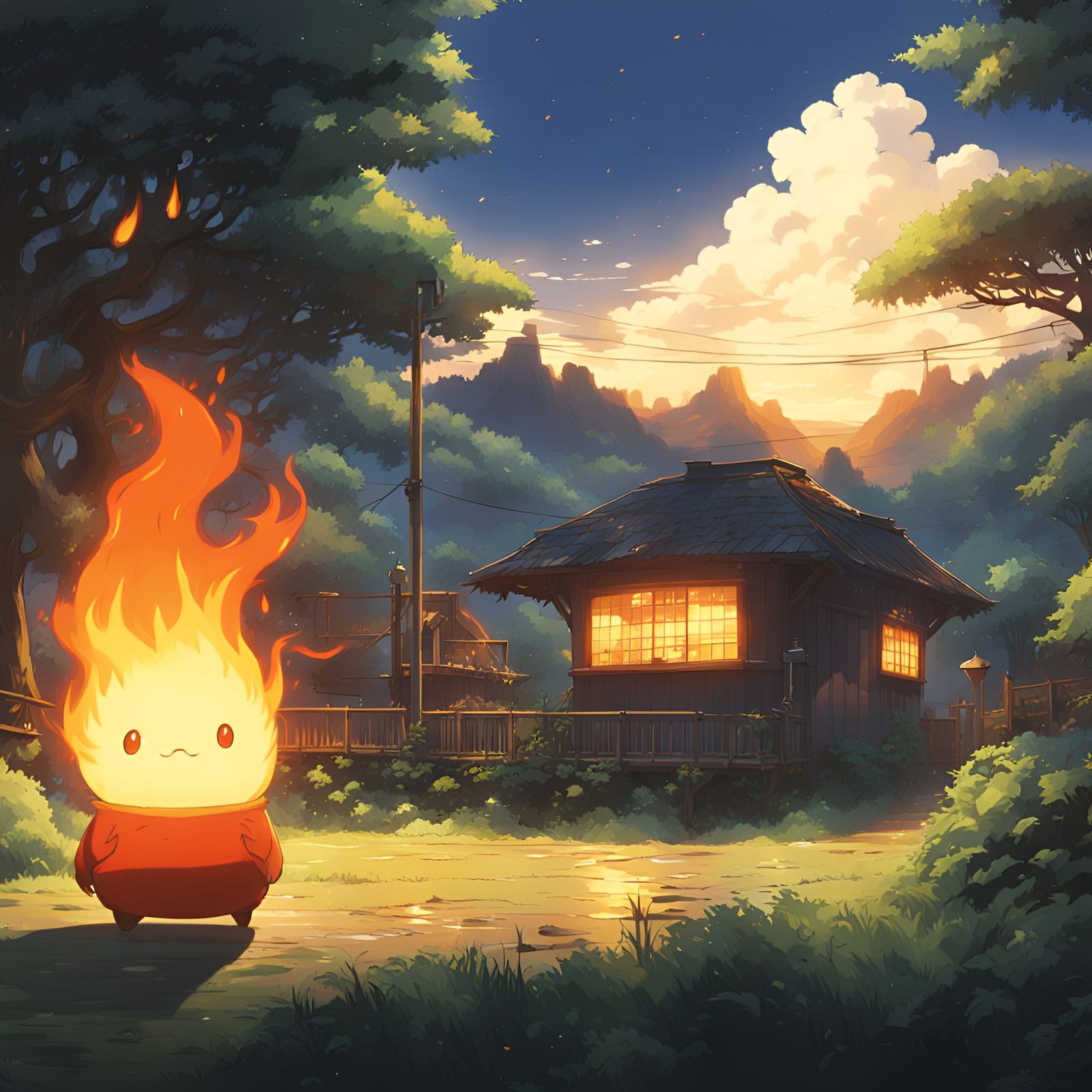 Calcifer in Studio Ghibli Anime Style