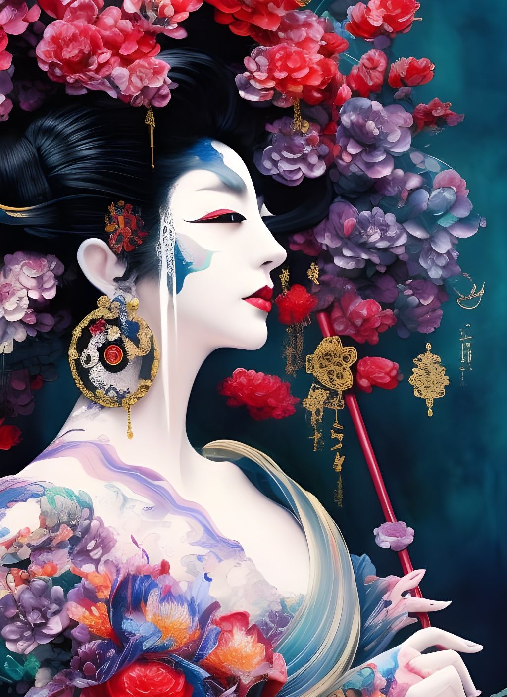 Geisha with Colorful Ink Flow in Photorealistic Style