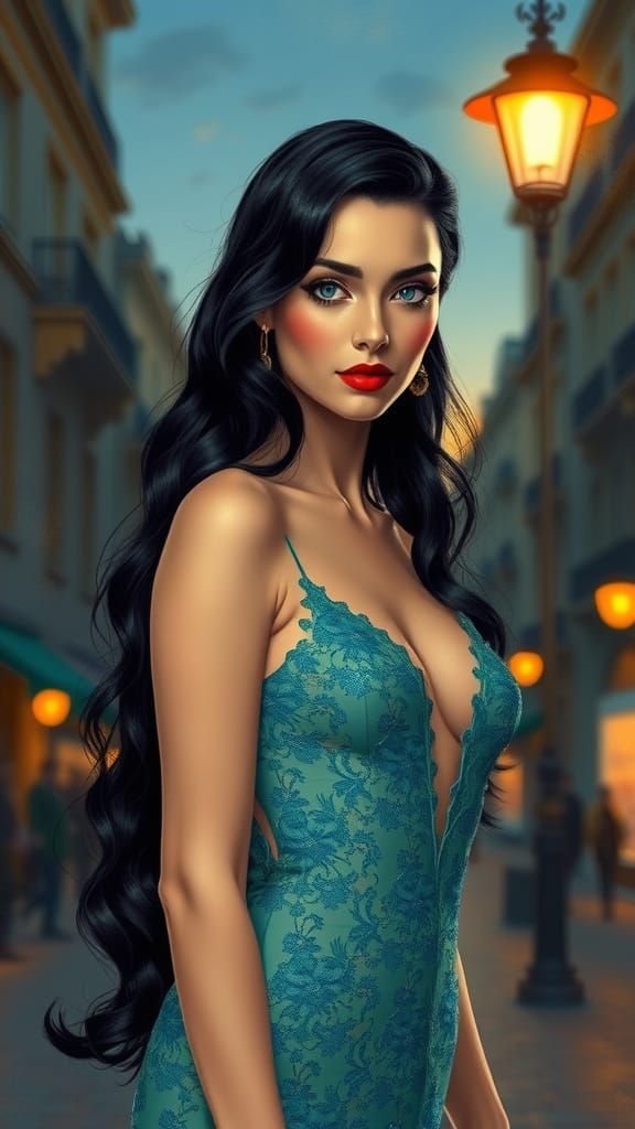 Elegant Woman in Aquamarine Gown under City Street Lamp