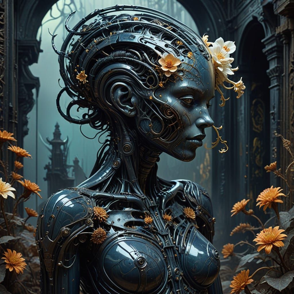 Biomechanical Deity Blooms in Decaying Temple: Surreal Art