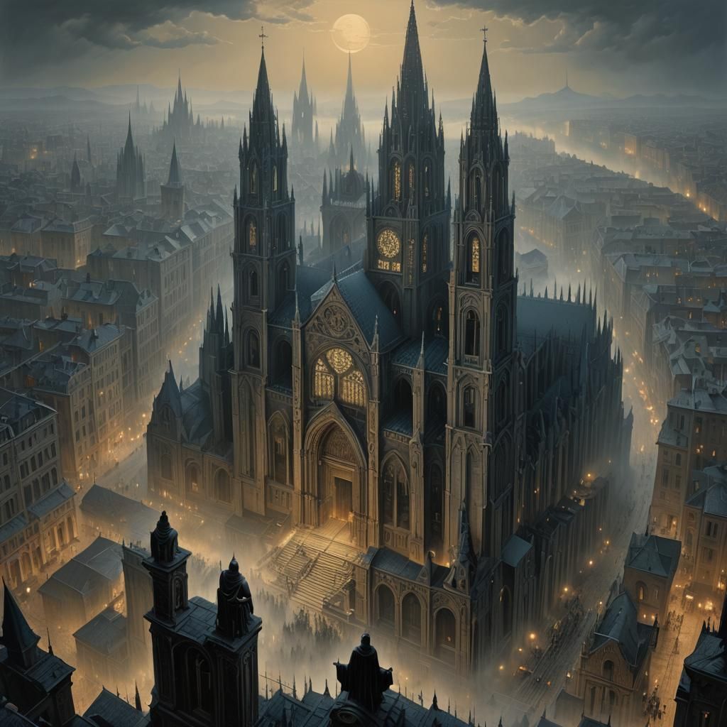 Ominous Figures Atop Gothic Cathedral in Surreal Style