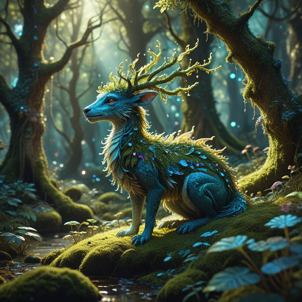 Enchanted Forest with Magical Creatures and Luminescent Flor...