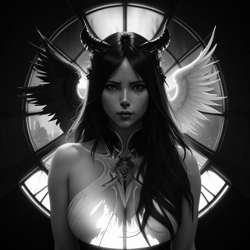 Demonic Angel Reflections: Hyperdetailed Black and White Art