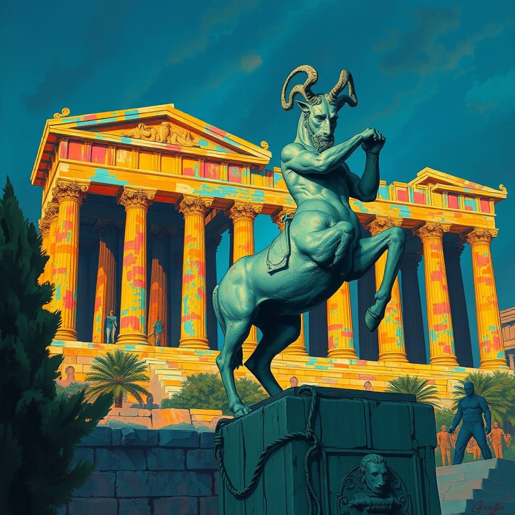 Statue of Chiron Near Greco-Roman Temple