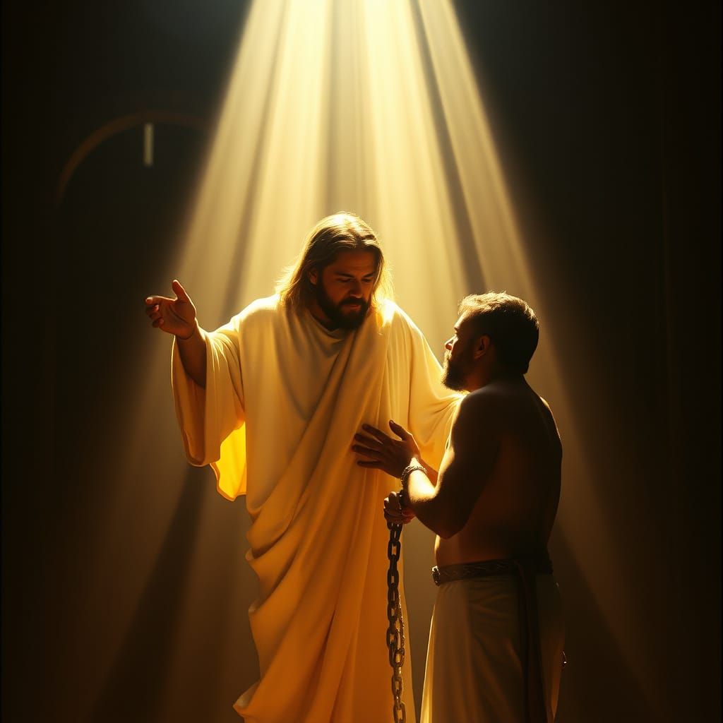 Jesus Shines Light on a Prisoner in Cinematic Film Still