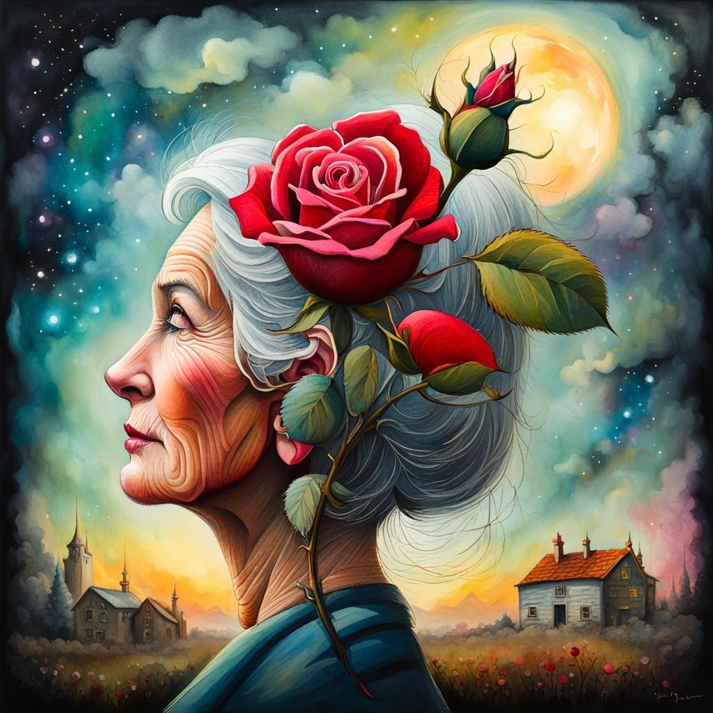 Surreal Rose-Eared Woman in Luminous Watercolor