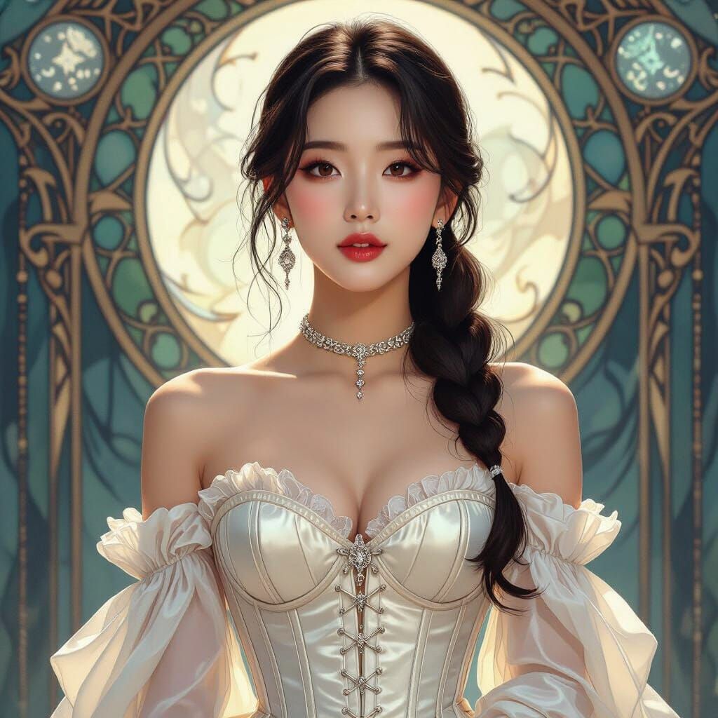 K-Pop Idol with Moon Motifs in Art Nouveau Style