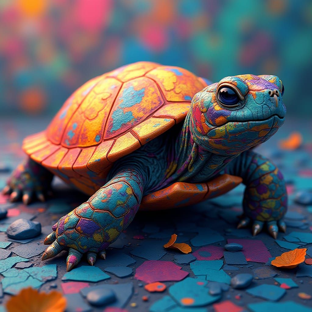 Cubist Turtle in Vibrant, Fragmented Form