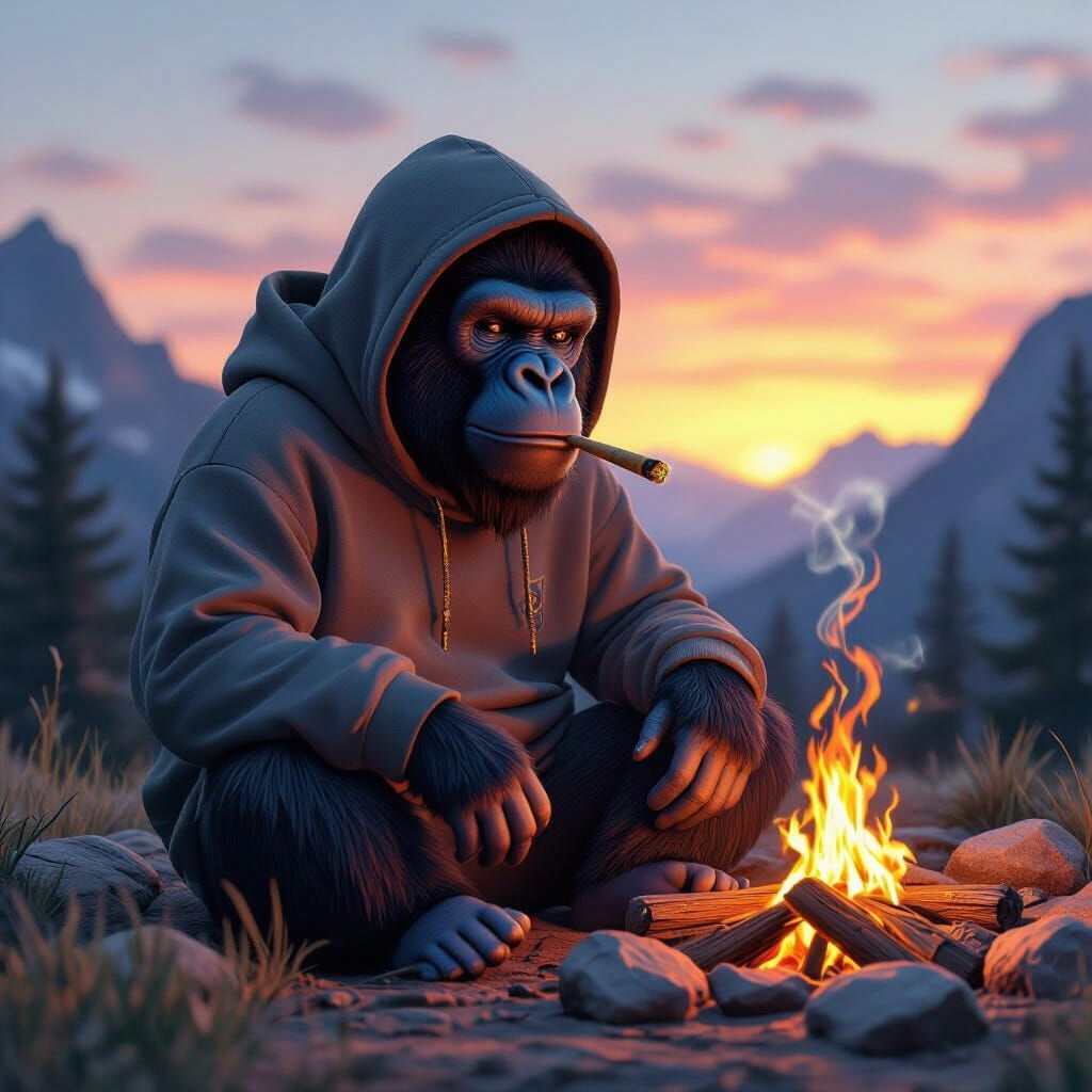 Gorilla Rests at Yosemite Campfire in Anime Art Style