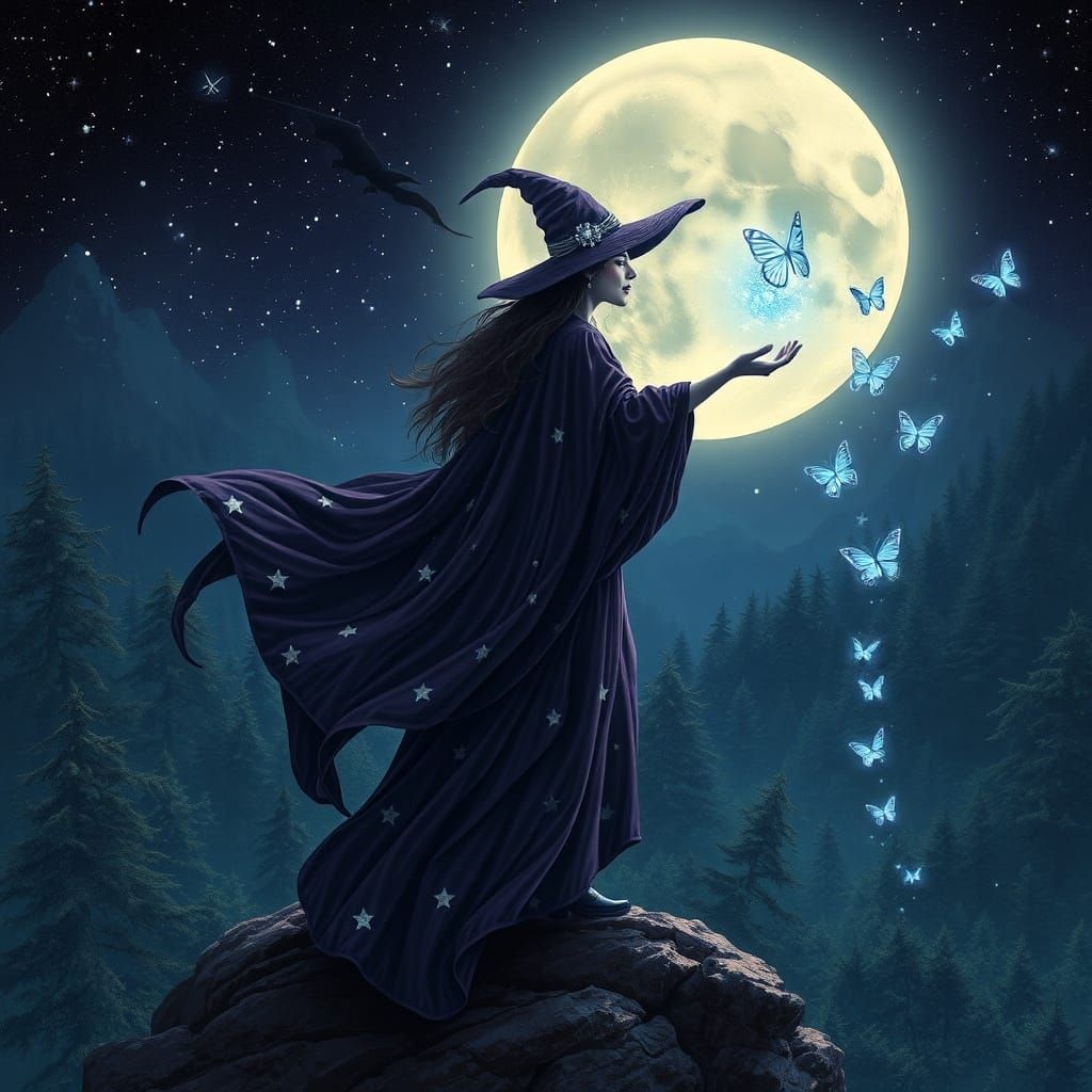 Enchanting Witch Casting Spell on Moonlit Cliff