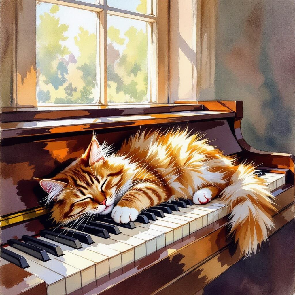 Fluffy Cat Sleeps on Antique Piano Keys, Watercolor Painting