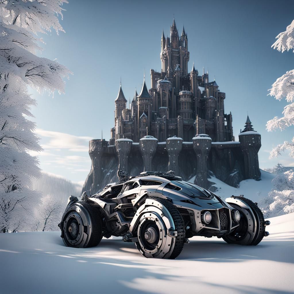 Fractal cyborg car and gothic castle and snowy winter