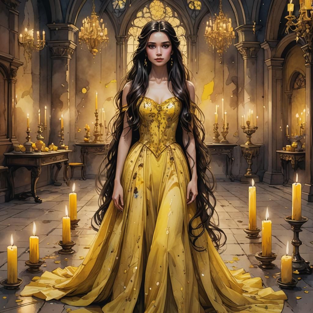 Magical Girl in Yellow Gown: Watercolor Splash Art