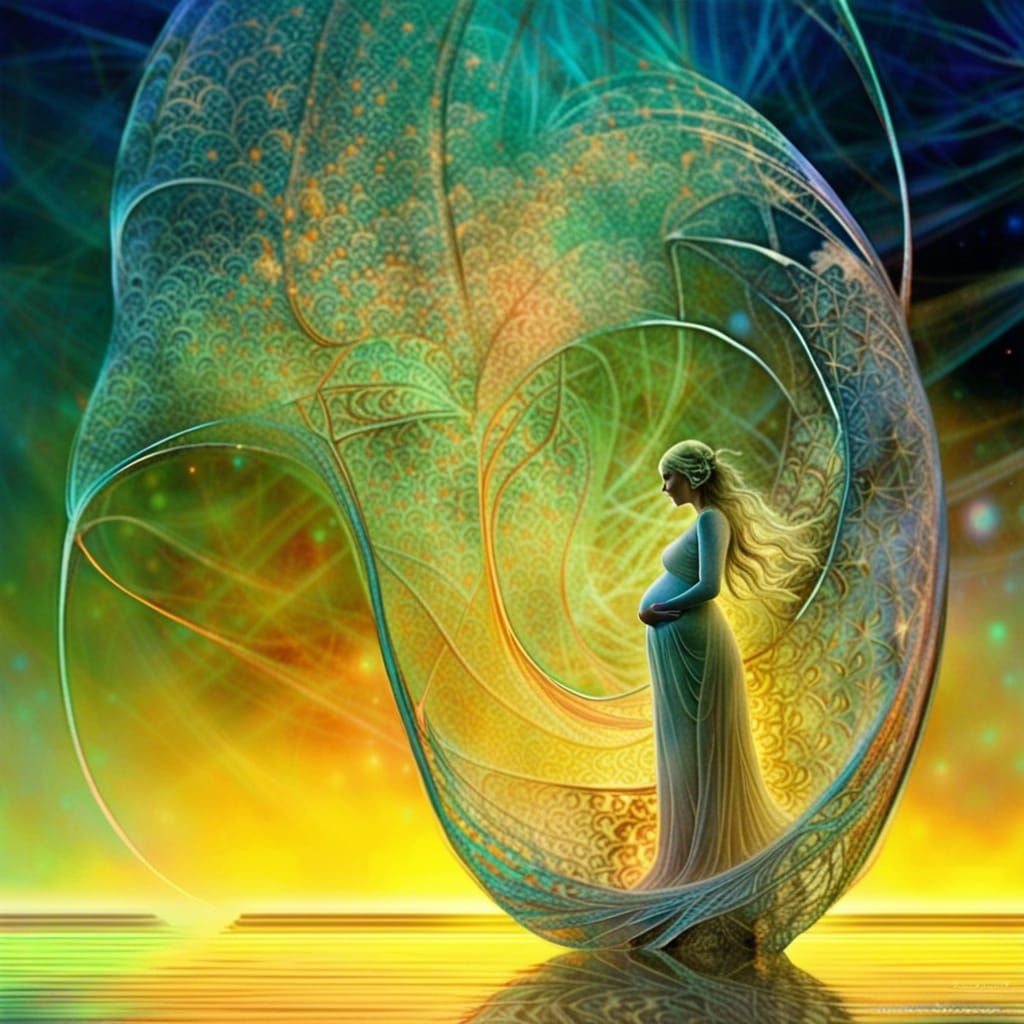Crystal Fractal Forest: Pregnant Girl in Mystical Art