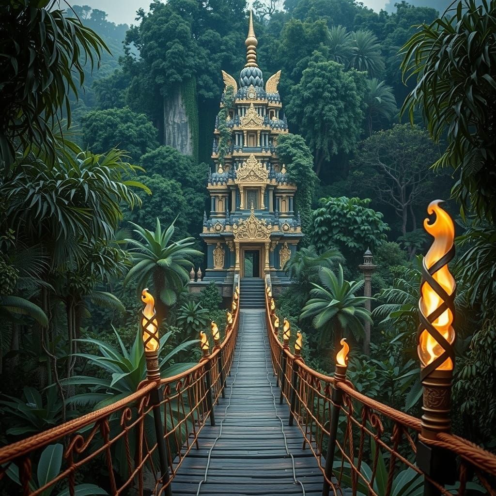 Lost Temple in Rainforest with Golden Accents