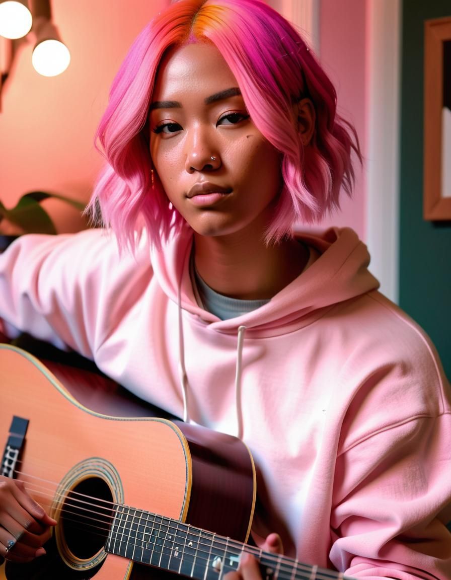 Anime Style 3D Art of a Guitarist in Cozy Room