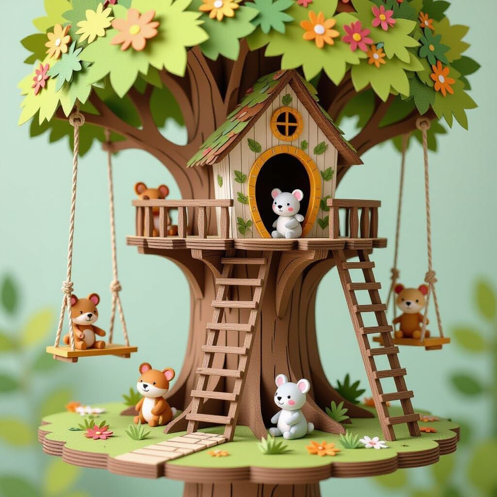 Whimsical Paper Art: Treehouse Scene with 3D Animals