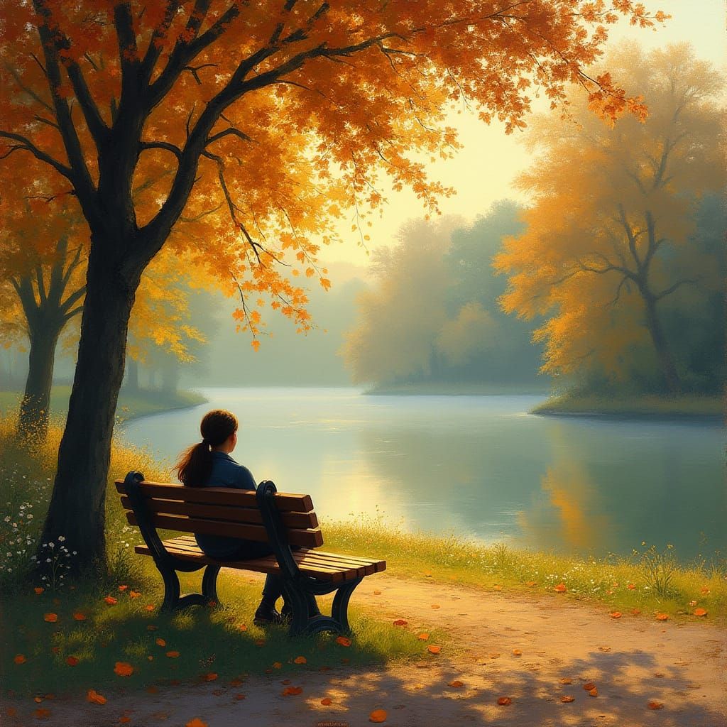 Man in Morning Park Bench with Warm Golden Light