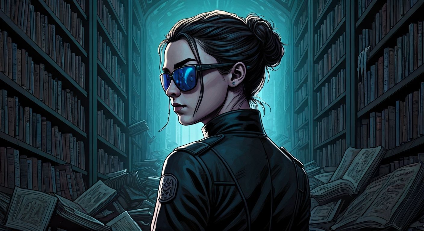 Ashildr in Futuristic Library, Graphic Novel Style