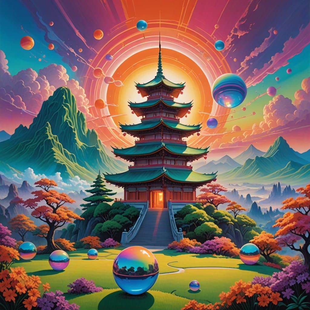 Futuristic Pagoda in Airbrush Art Style