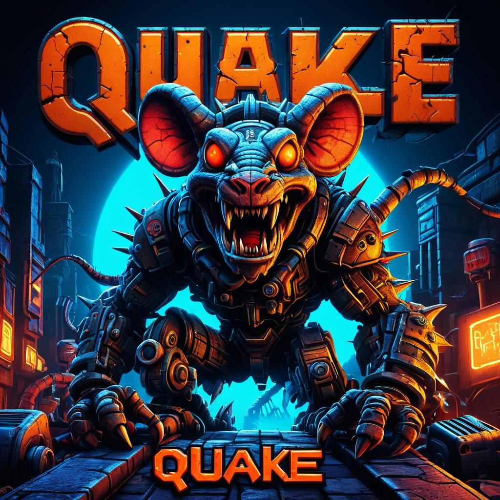 Quake 3 Logo and Ratfink Monster in Cyberpunk Style