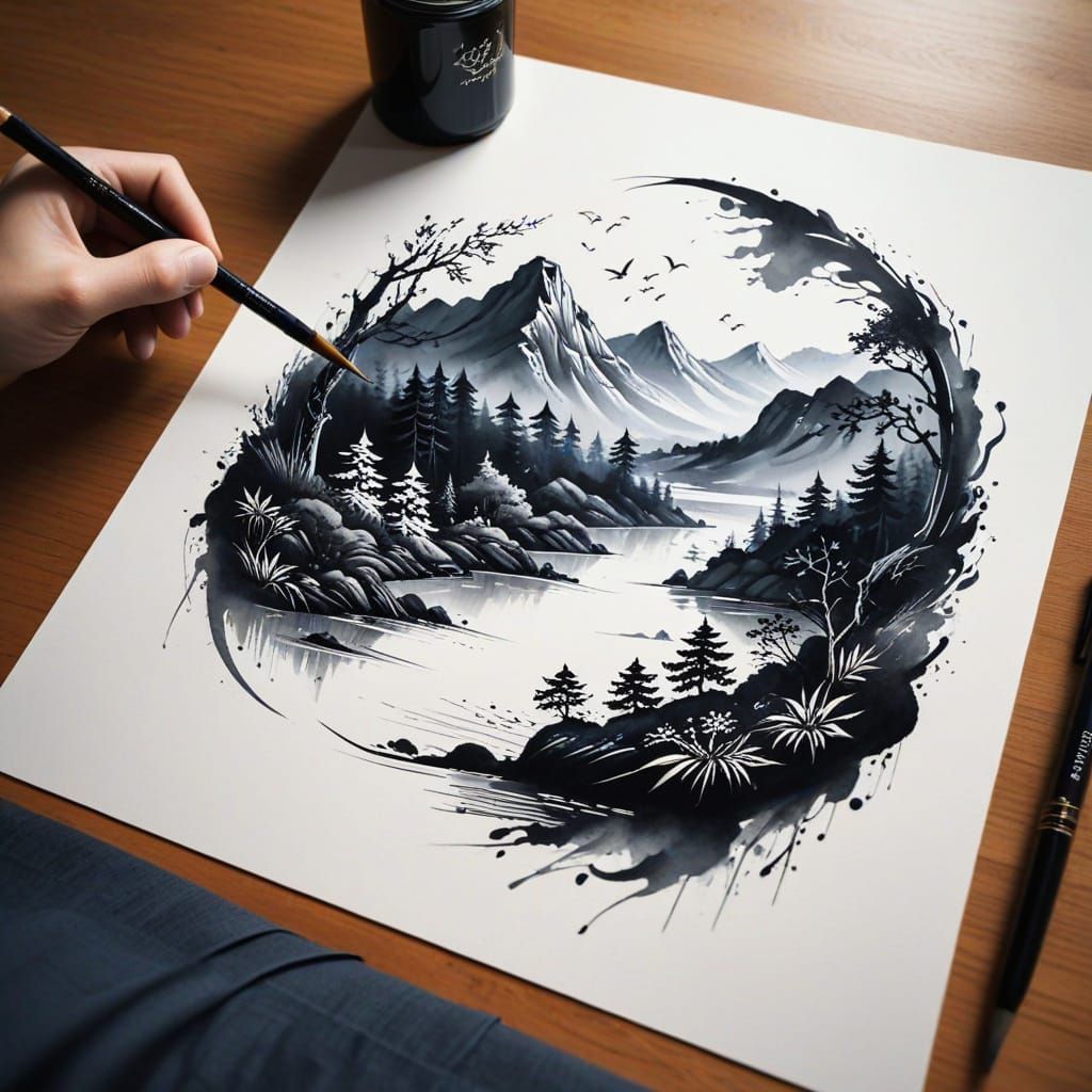 Calligraphy Art Creates Stunning Landscape Scene
