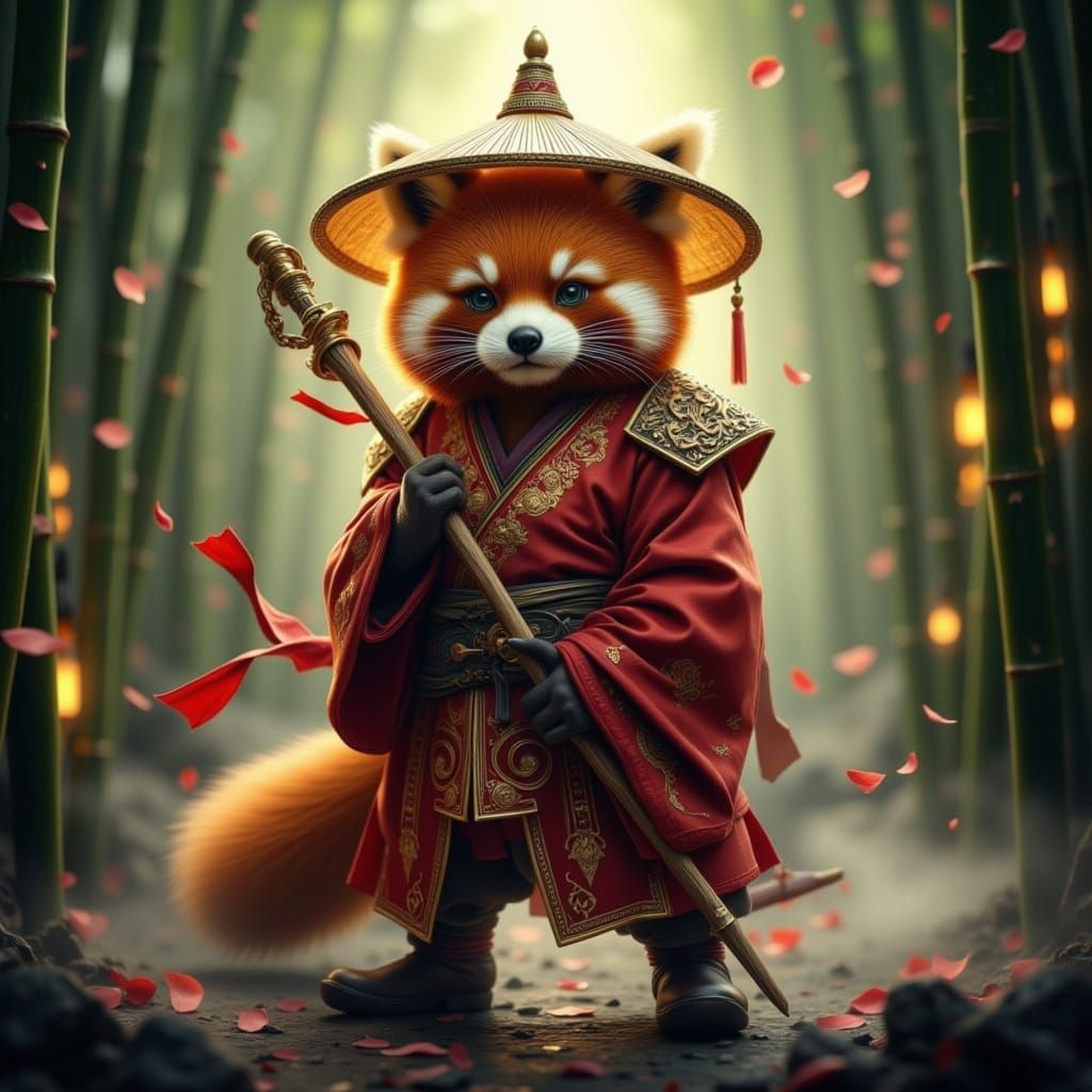 Red Panda Warrior Monk in Misty Bamboo Forest