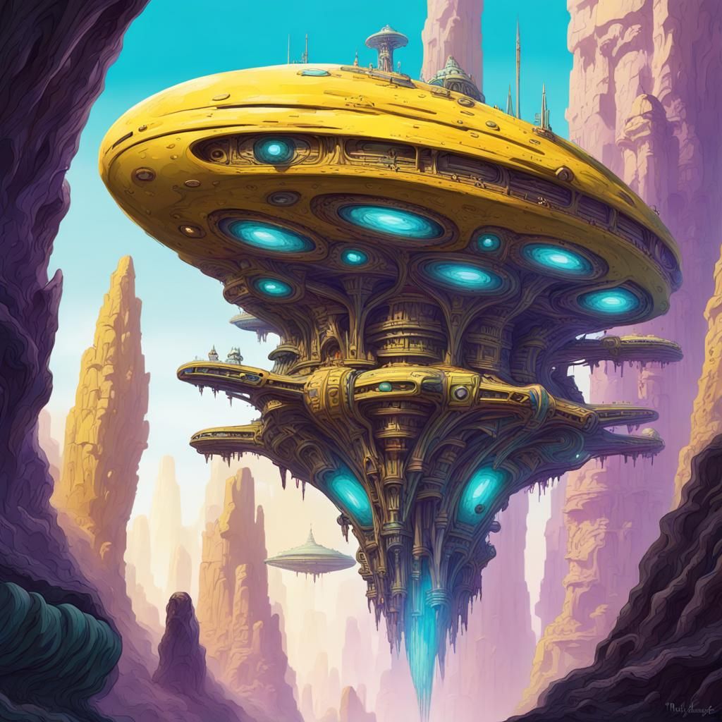 Science Fiction Spaceship Flying Through Alien Landscape