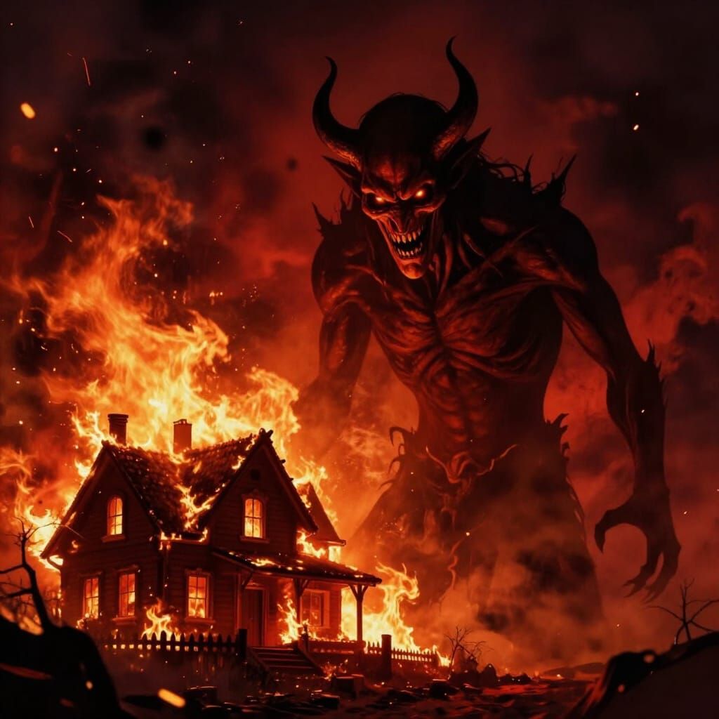 Demon Watches Burning House in Dark Fantasy Art