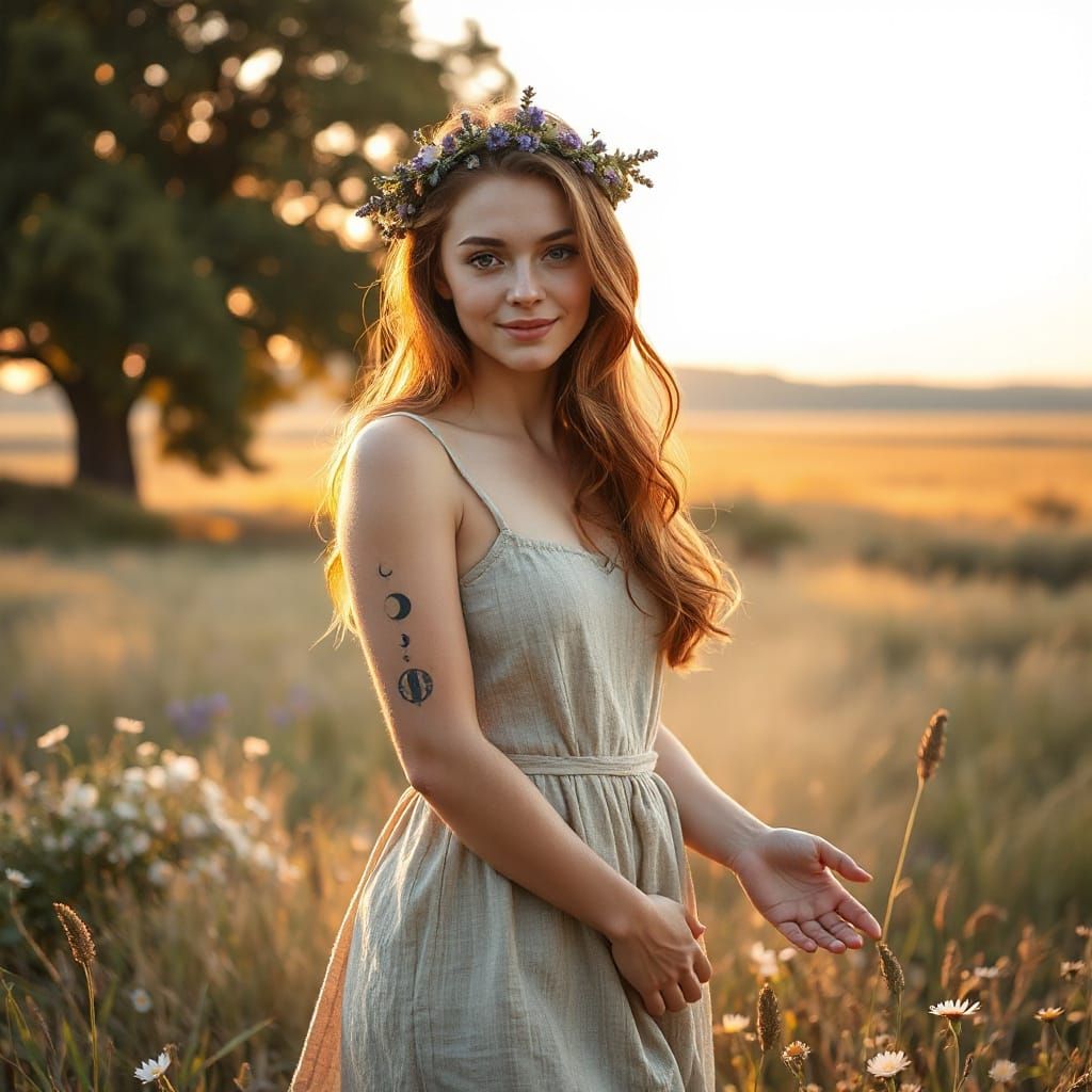 Hyperrealistic Portrait of Woman in Wildflower Meadow