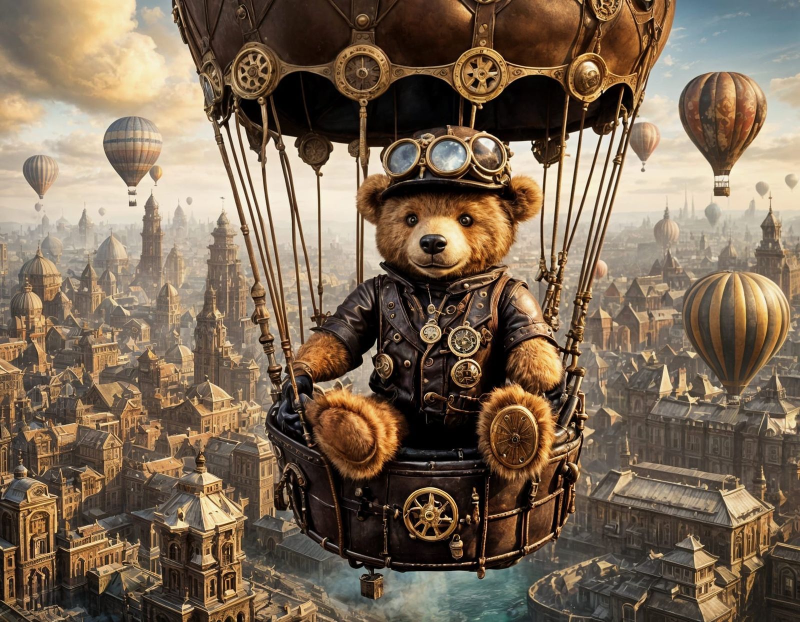 Steampunk Teddy Bear Adventure in Ornate Balloon
