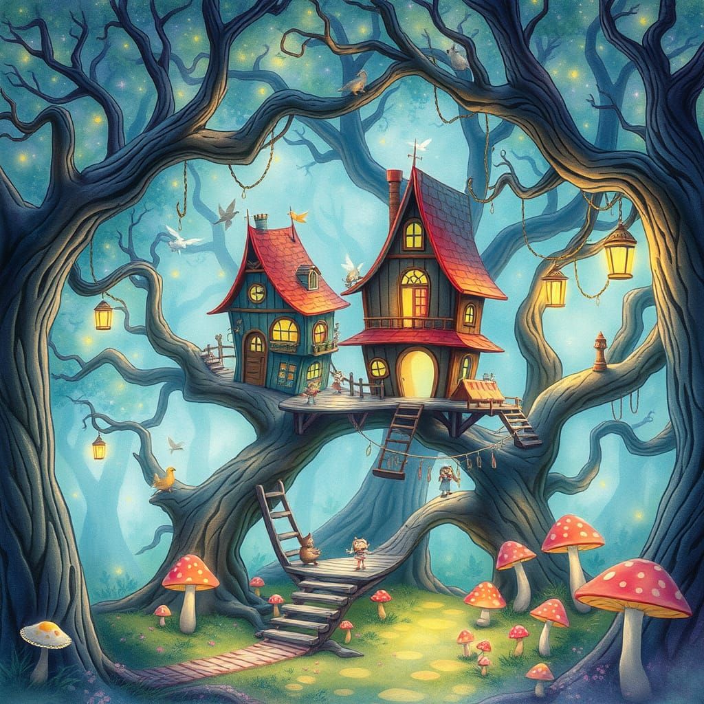 Whimsical Treehouse Village in a Dreamy, Bioluminescent Fore...