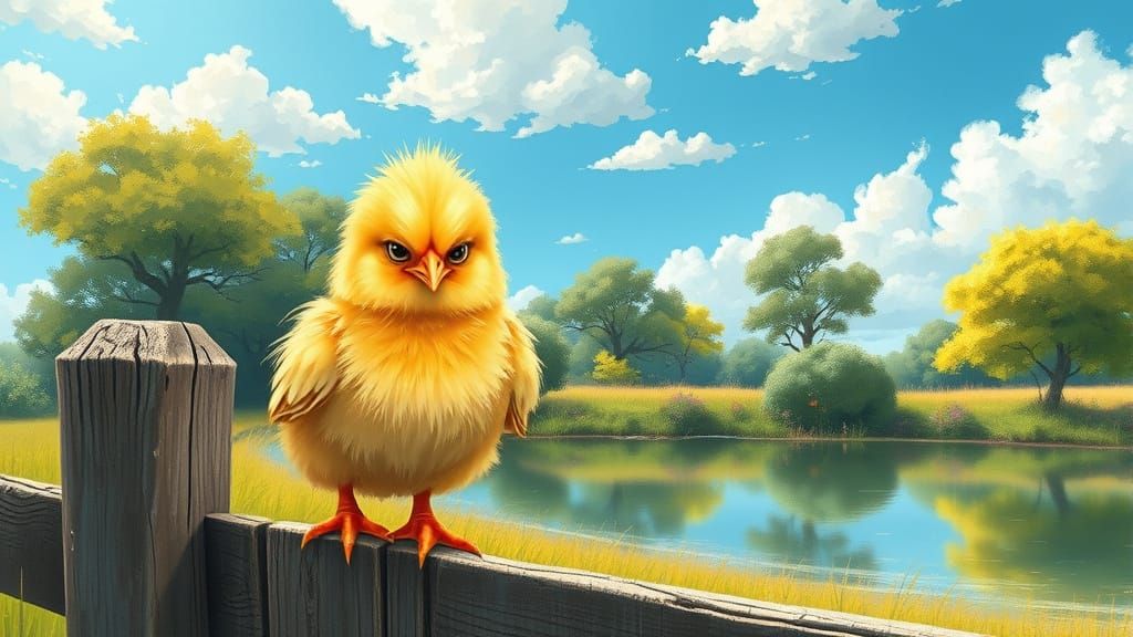 Grumpy Chick Perched Near a Pond, Storybook Illustration