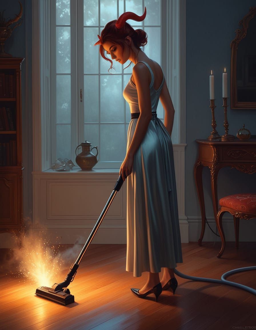 Mystical Tiefling Woman Vacuuming, Poetic Realism
