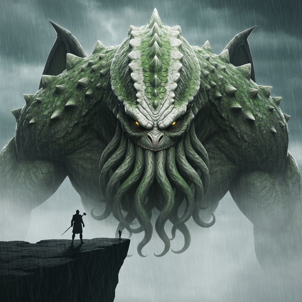 Colossal Cthulhu Overlooks Knight on Cliff Edge