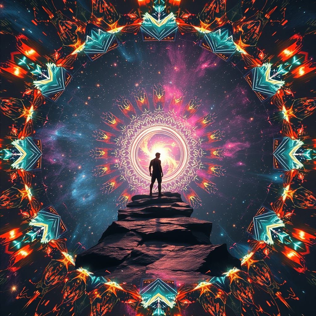 Stone Age Man Peeks Through Futuristic Portal