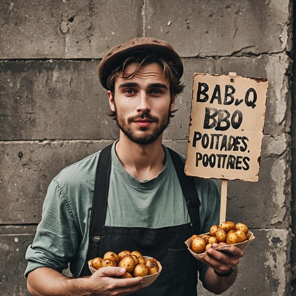 Grunge Style European Man Holds Sign for BBQ Potatoes