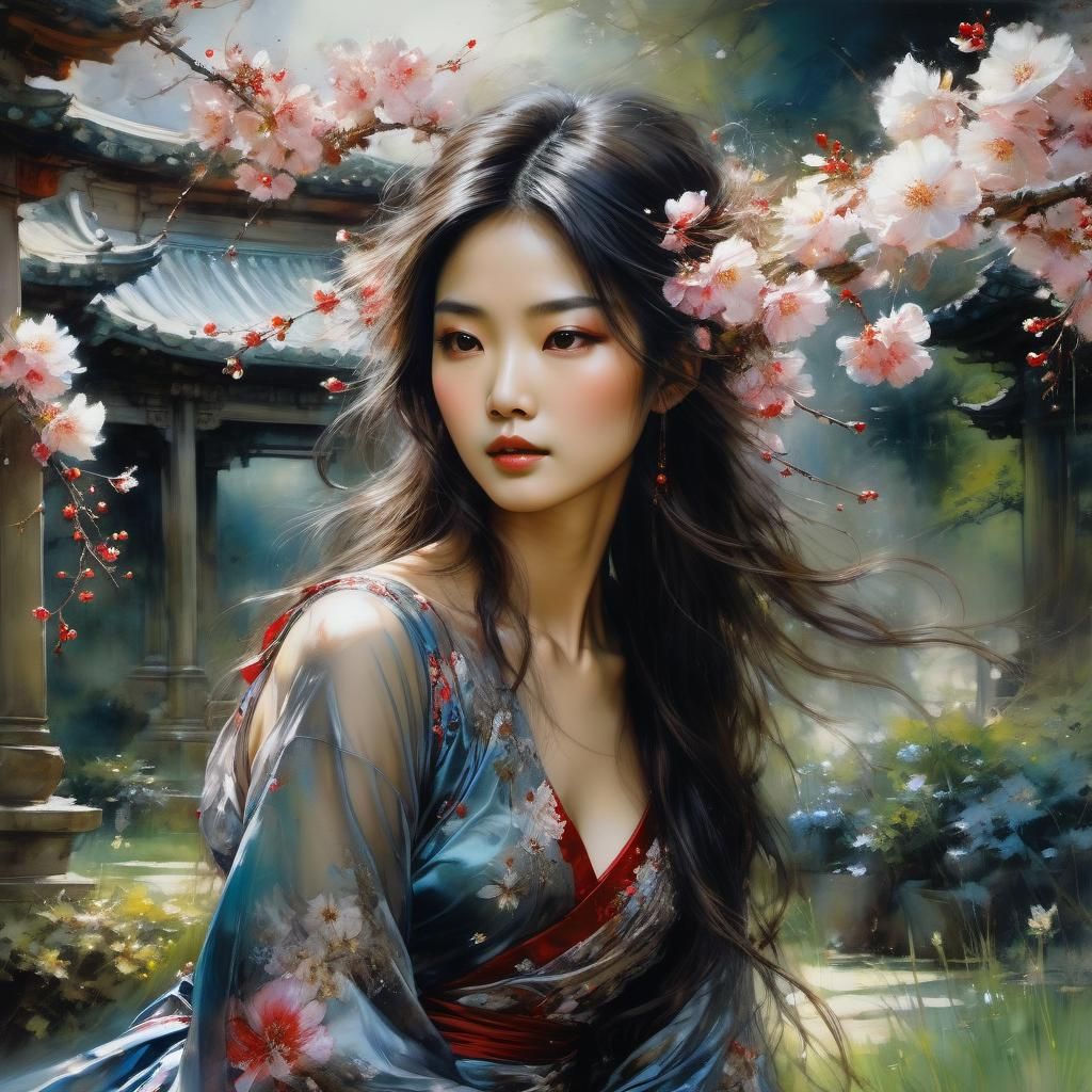 Celestial Woman in Cherry Blossom Garden, Anime Style