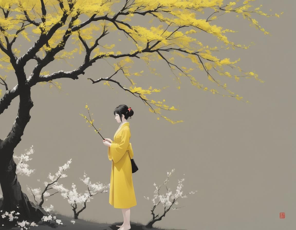 minimalist 3D Nihonga painting, monochrome yellow, with a wo...