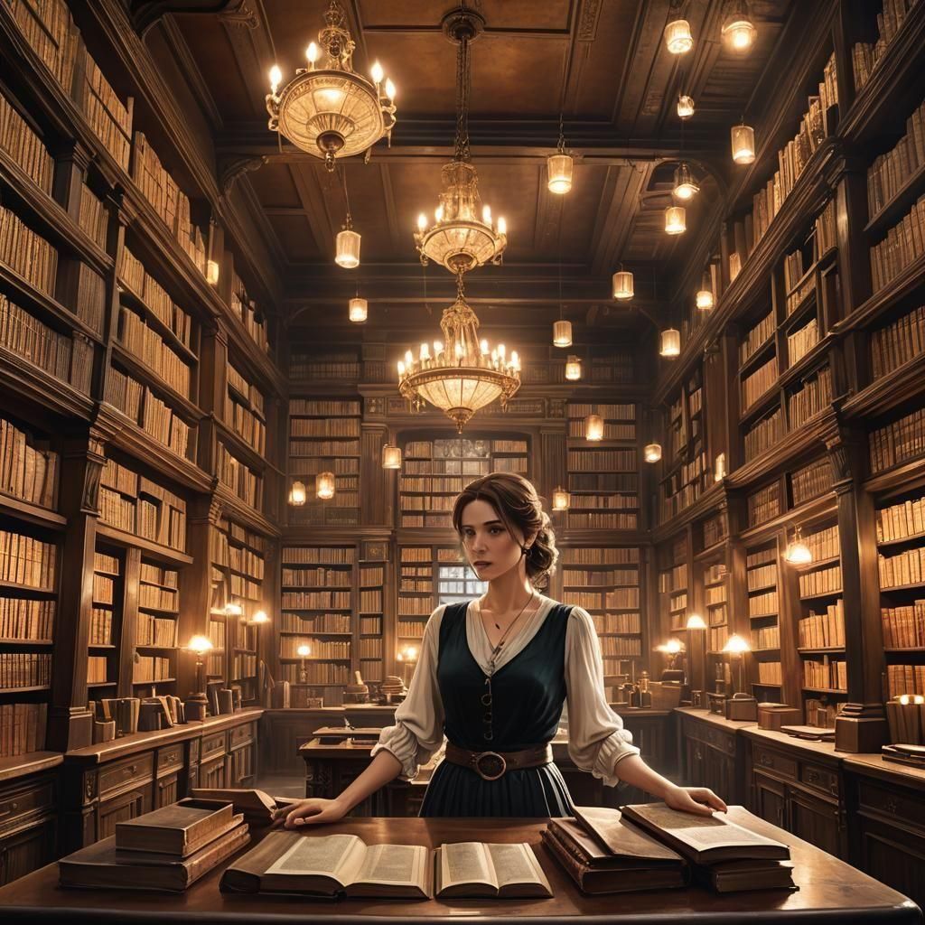 Ethereal Fantasy Library Shopkeeper in Kinkade Style