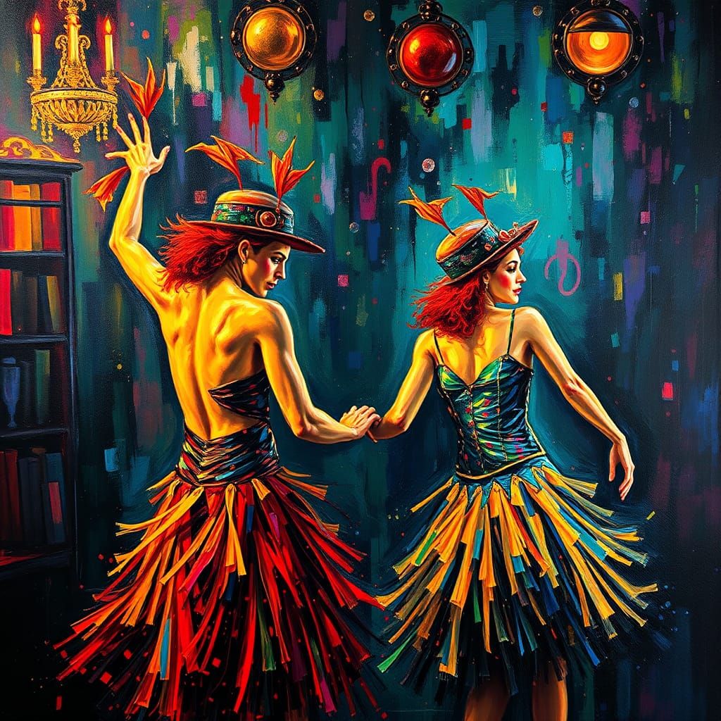 Cloisonnist Cabaret Dancers in Expressionist Oil Painting