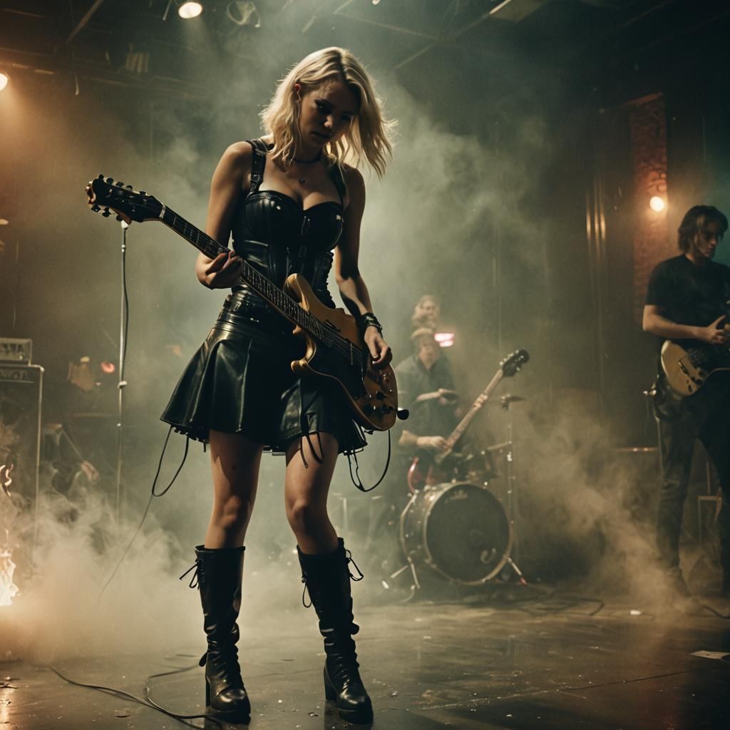 Gothic Guitarist in Dimly Lit Nightclub