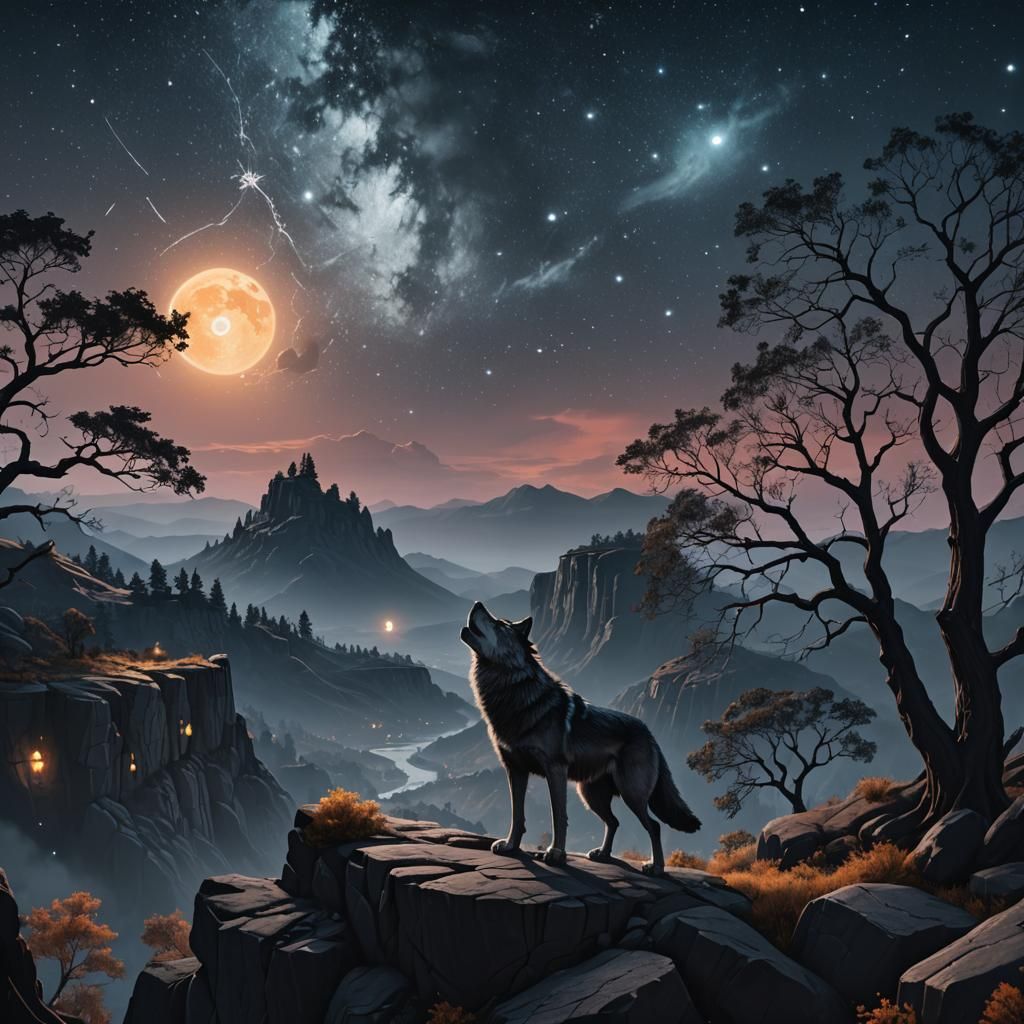 Wolf on Cliff Under Starry Night Sky
