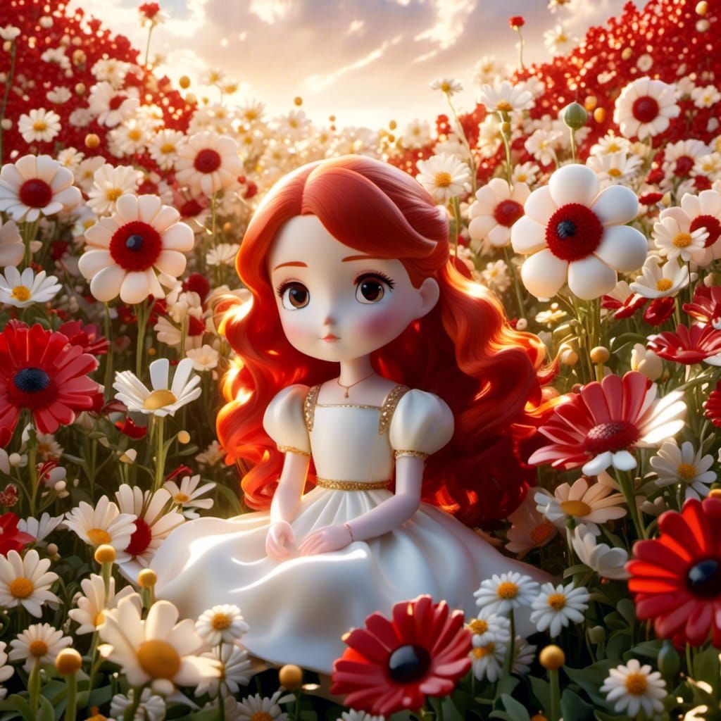 Anime Girl in Flower Field at Golden Hour