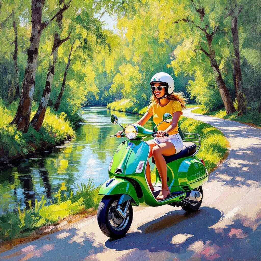 Woman on Green Vespa by River in Forest