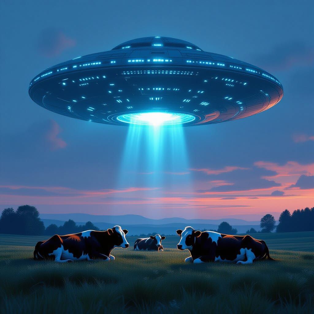 Alien Spaceship Hovers Over Cattle at Dusk
