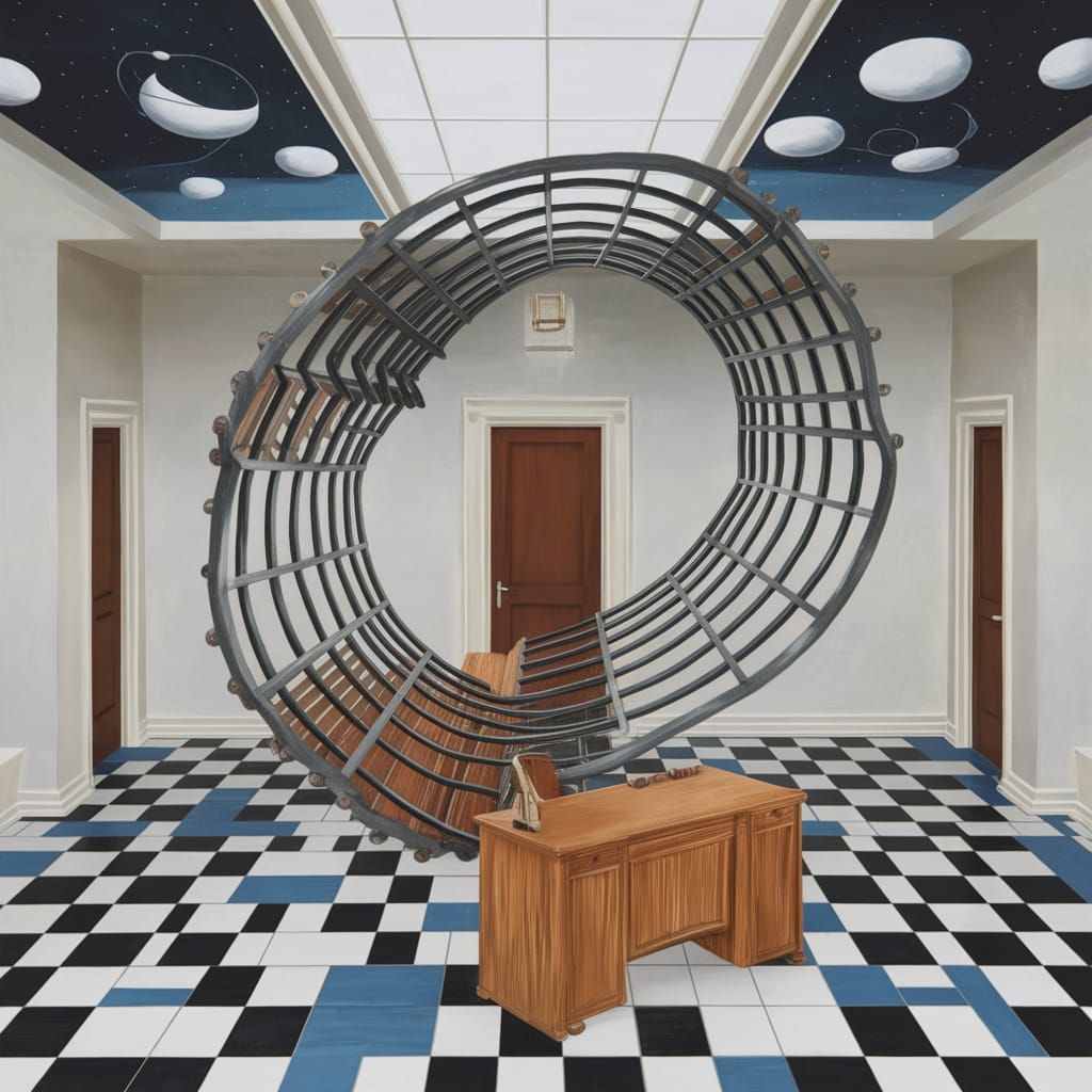 Surreal Office Desks Ascend Stairs Under Upside Down Trees a...